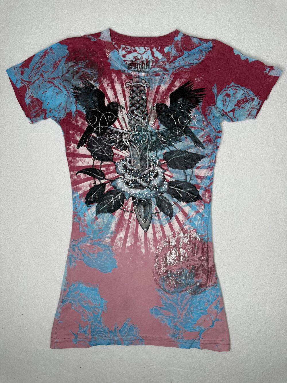 Sinful by Affliction Rose Sword Raven Rhinestone Graphic Baby Tee Women’s Small